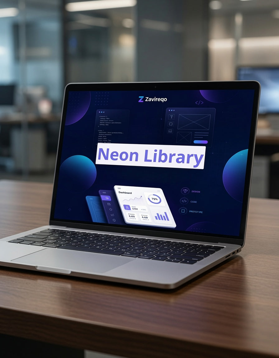 A silver laptop sits open on a wooden desk in a modern office setting, displaying a dark-themed software interface with the text 'Zavrepo' and 'Neon Library'.