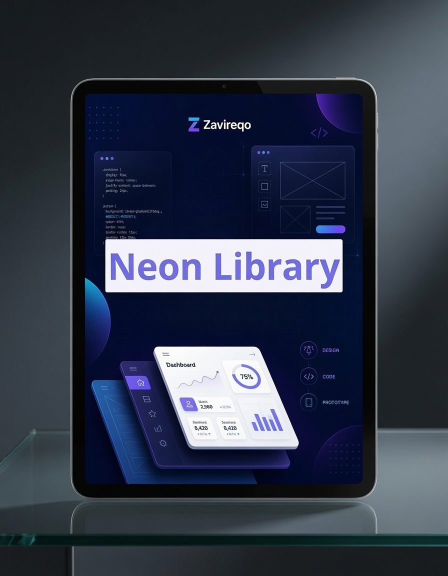 A tablet device displaying a software interface titled 'Neon Library' under the brand name 'Zavreigo', shown on a reflective dark surface against a dark gray background.