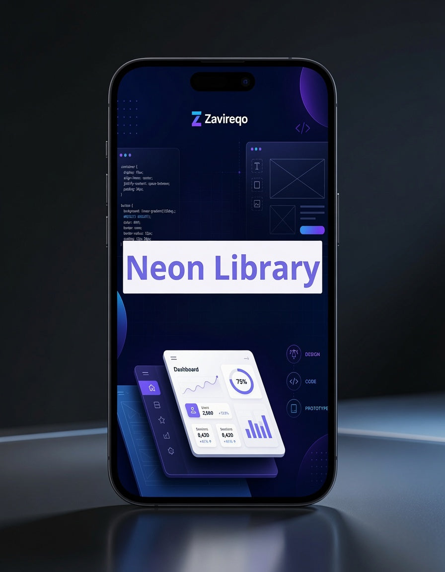 A smartphone centered on a dark reflective surface, displaying a software interface for a 'Zavireqp Neon Library' dashboard with charts and cards on the screen.