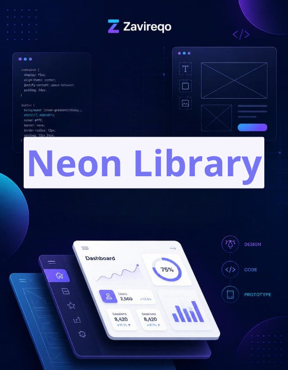 Promotional graphic for 'Neon Library' by Zavireqo, featuring a white card mockup with dashboard analytics on a dark navy and purple tech-themed background with code and UI elements.