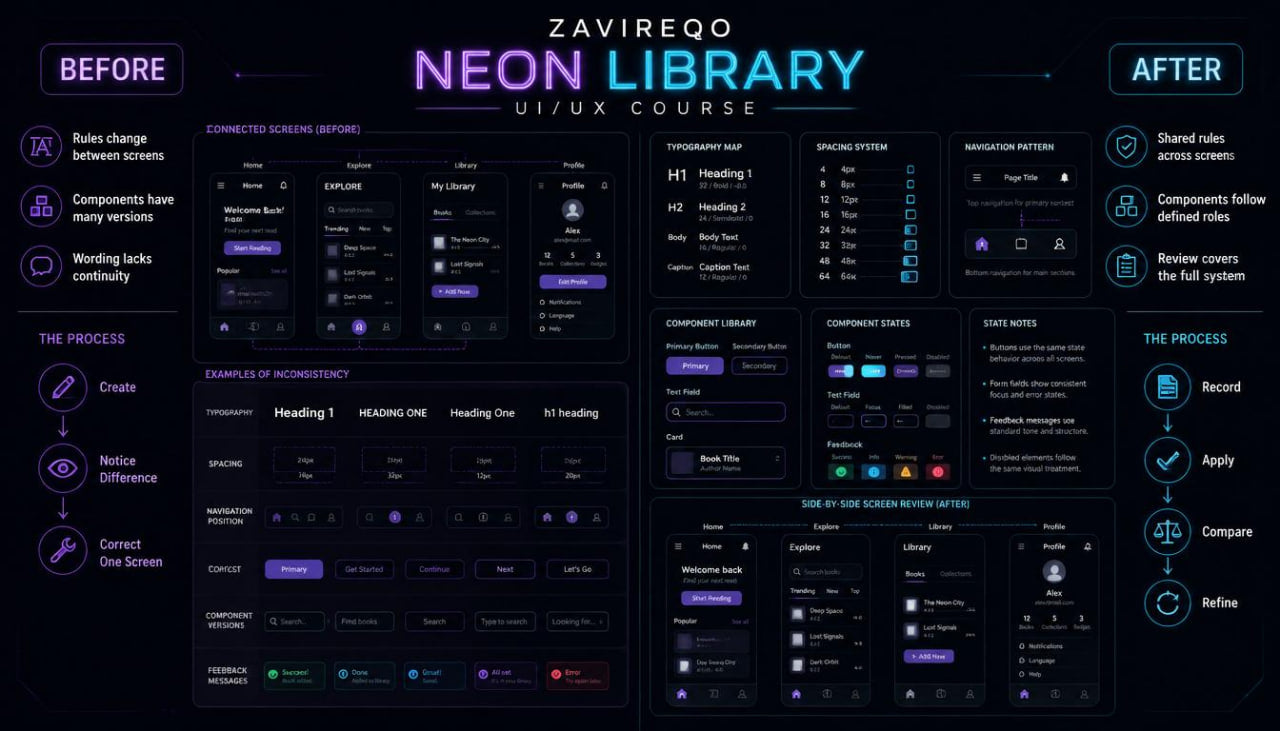 A dark promotional graphic for a 'Zavireqo Neon Library UI/UX Course' comparing 'Before' and 'After' states with neon purple and blue interface elements on a black background.