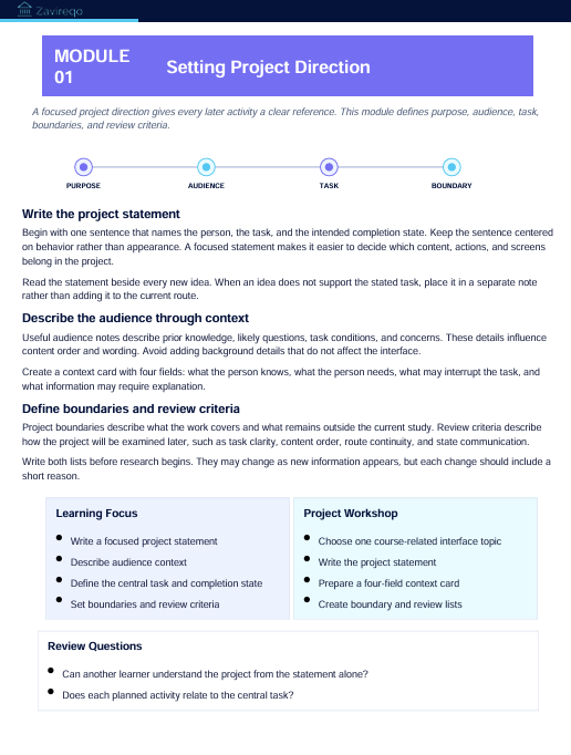A digital preview of a module document titled 'Setting Project Direction' from a course called 'Course 001'. The document features a white background with a purple header and various colored section icons and tables outlining learning objectives and project workshop tasks.