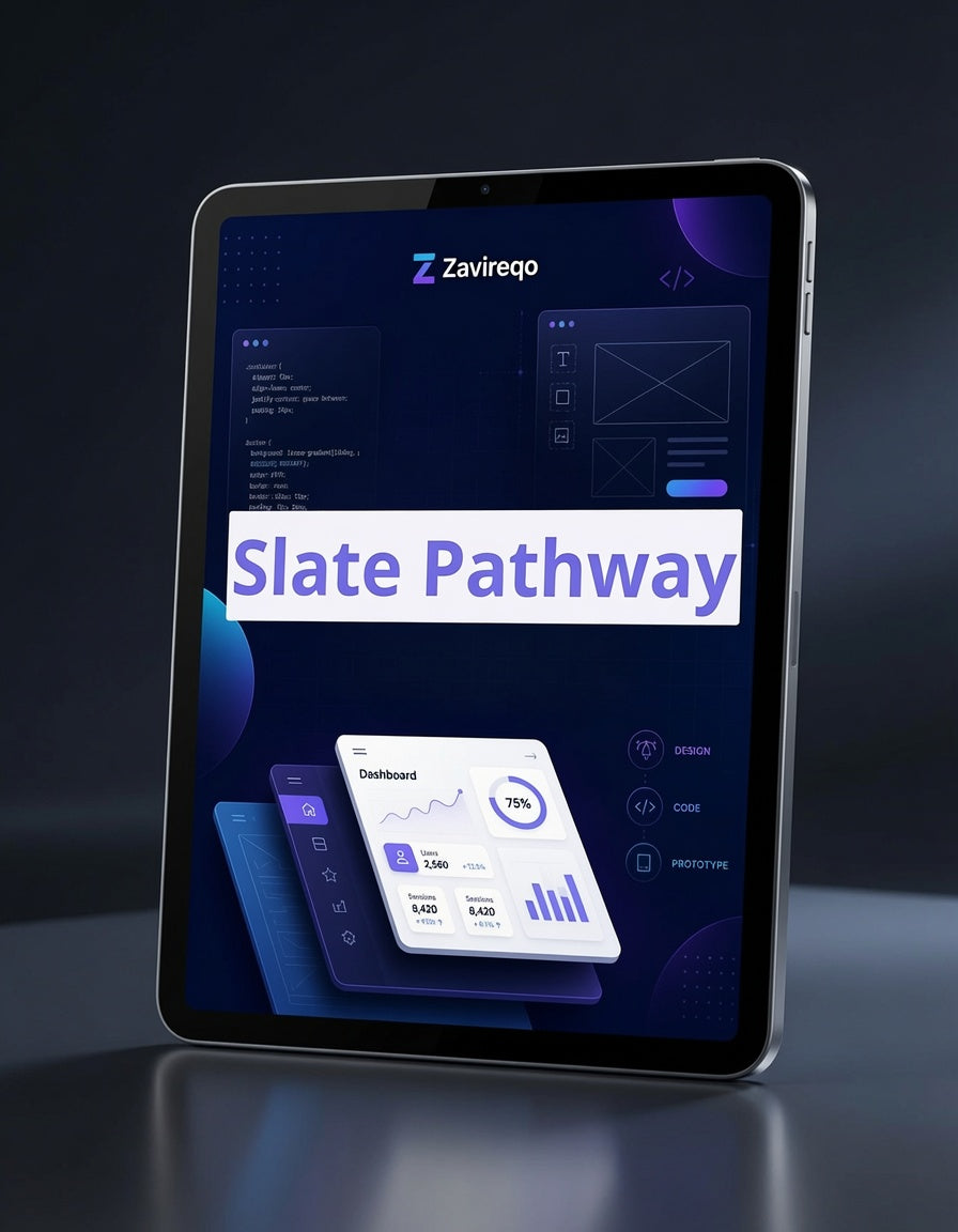 A tablet device shown at an angle on a dark reflective surface, displaying a software interface titled "Slate Pathway" with UI cards, charts, and the brand name "Zavreago" at the top.