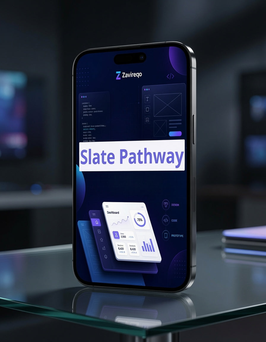 A smartphone displayed upright on a glass surface in a dark, modern interior. The phone screen shows a software interface with the text 'Slate Pathway' prominently overlaid in white and purple.