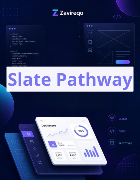 Promotional graphic for 'Slate Pathway' by Zavireqo, featuring a white tablet displaying a dashboard on a dark blue digital background with code and design interface elements.