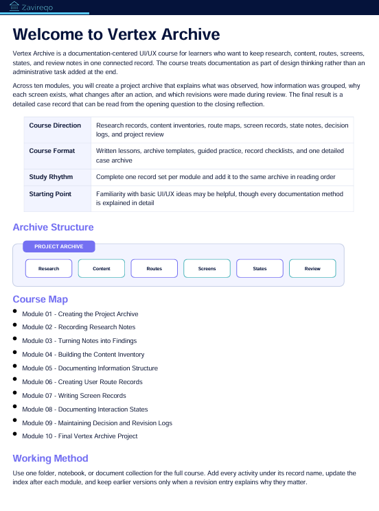 A document-style page titled 'Welcome to Vertex Archive' with a table outlining course direction, case format, study rhythm, and starting point, plus an 'Archive Structure' section with a project archive icon and a course map list.