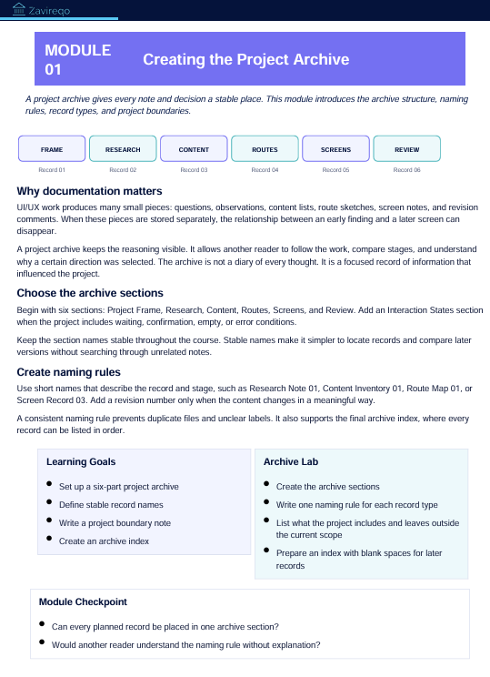 A digital slide or page from a Linux/Unix course module titled 'Creating the Project Archive' under 'MODULE 01'. The page has a white background with a purple header and blue accents, containing text and two highlighted boxes detailing learning goals and the archive lab.