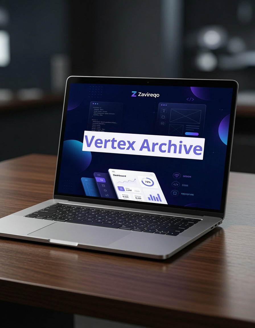 An open silver laptop sits on a wooden desk, displaying a software interface on screen with the text 'Vertex Archive' and a 'Zavirepo' logo.