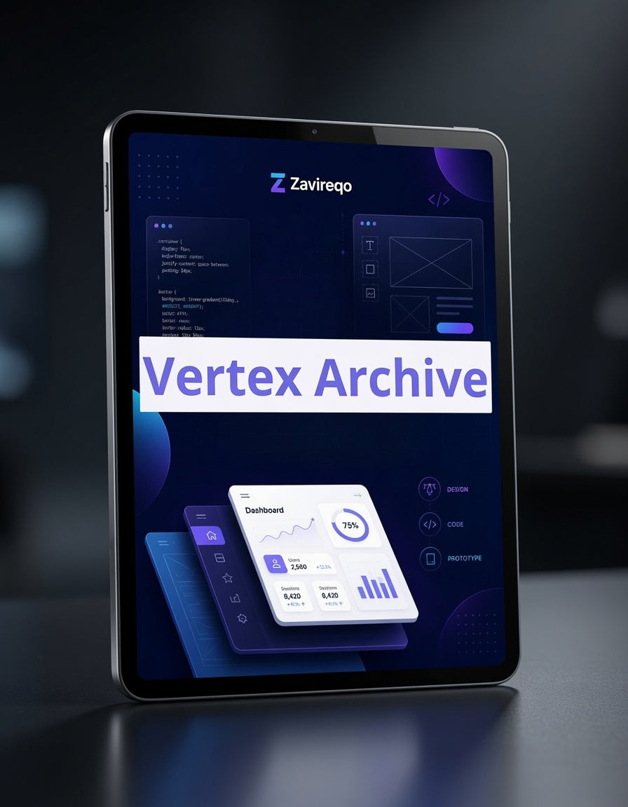 A tablet device standing upright on a dark surface, displaying a software interface for 'Vertex Archive' with the Zavireo logo and dashboard cards.