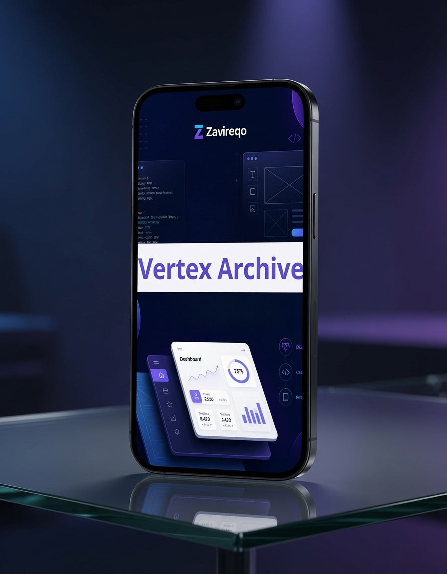 A smartphone displayed upright on a glass surface against a dark blue-purple studio background. The phone screen shows a software interface with the text 'Vertex Archive' and a small dashboard card.