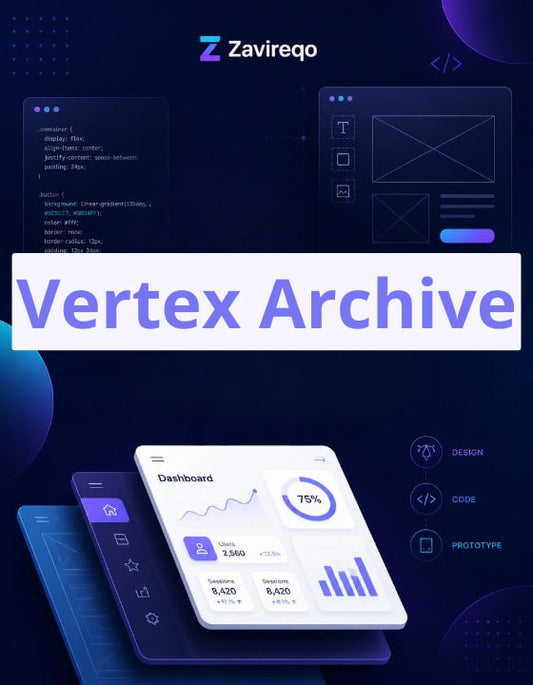 Promotional graphic for 'Vertex Archive' by Zavireqo, featuring a white rectangular banner with purple text over a dark navy and blue digital interface background with code panels, dashboard mockups, and abstract UI elements.